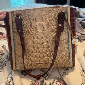 Brahmin Ellen Tote taupe brown w/ teal stripe.